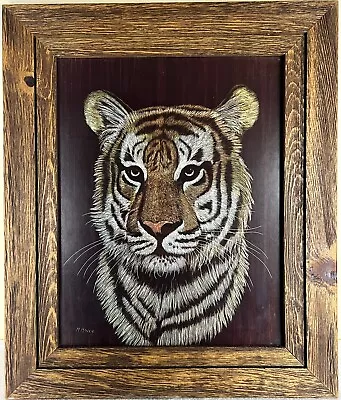 Vintage Tiger Face Lithograph Artist Marjorie Brice In A Rustic Wood Frame 18.5” • $44.99