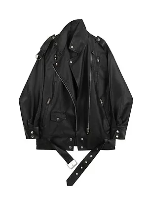 Mens Long Leather Coat Womens Locomotive BF Leather PU Coat Oversize Jacket • $49.75