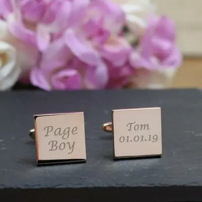 Rose Gold Square Engraved Personalised Page Boy Wedding Cufflinks • £14.99