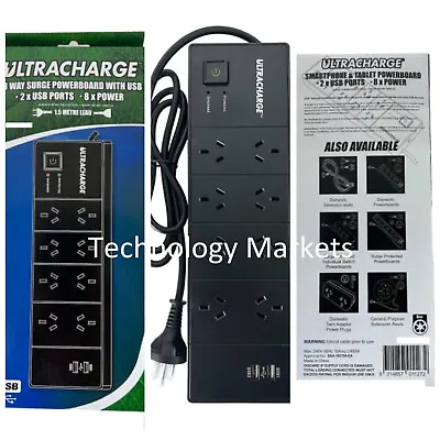8 Way Surge Protected Power Board With 2 USB Charging Ports Black Charger Outlet • $39.95