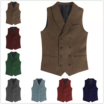 Mens Double-Breasted Vest Herringbone Retro Groom Waistcoats M Large XL XXL 3XL • $32.98