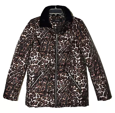 Vero Moda Leopard Print Black Faux Fur Collar Womens Puffer Jacket Size M • $24.99