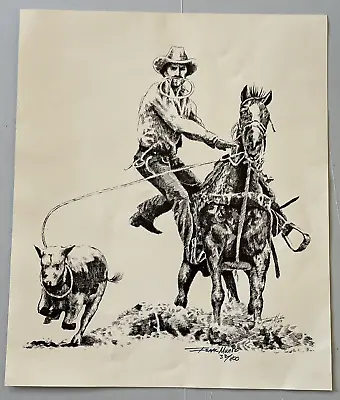 Vintage Isaac Munoz Signed Cowboy Rodeo Roping Calf Print Picture 1983 • $28.95