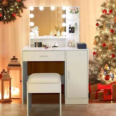 Vanity Table 10 LED Light Mirror 2 Drawers Makeup Dressing Desk Bedroom White • $139.98