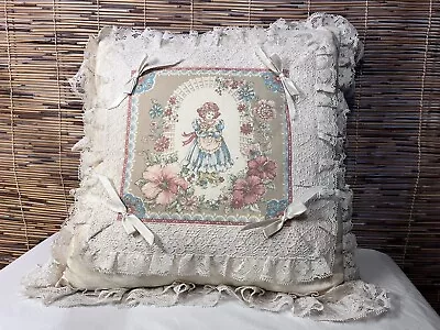 VTG Handmade Ruffled Ivory Cottagecore Throw Pillow  Victorian Girl & Cat 12x12 • $25