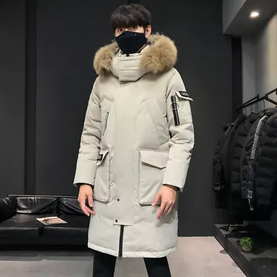 Down Jacket Men Mid-length Hooded Fur Collar Plus Velvet Workwear Duck Down Coat • $107.22