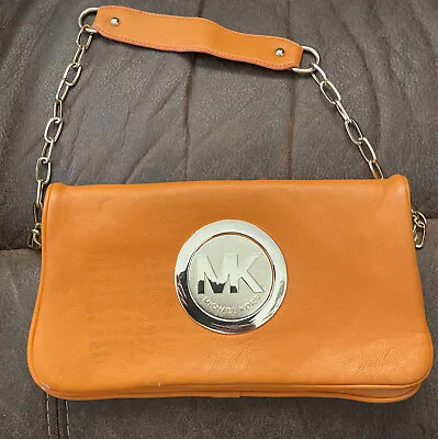 Michael Kors Bedford Flap Canvas Leather Trim  Bag Orange Gold Hardware • $15