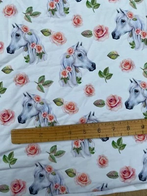 White Horses Rose Cotton Jersey Fabric Flowers Craft Room Clear Out • £1.50