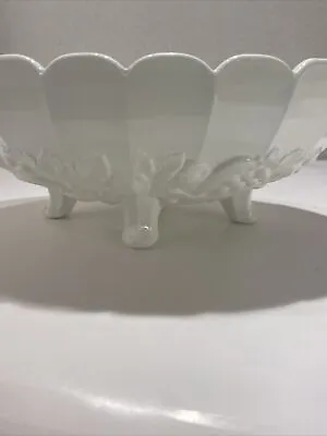 Vintage White Milk Glass Large 12  Oval Footed Scalloped Fruit Pattern Bowl HW • $32.30