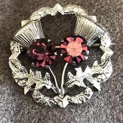 Vintage Mizpah Silver Plated Double Thistle Brooch With Amethyst Glass • £5