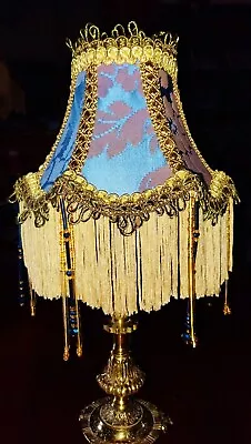  Vintage  Victorian Clip On Candle Shade Blue Silk Damask. Glass Beading 6  • £79