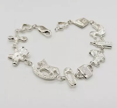 New Baby Theme 925 Sterling Silver Newborn Theme Link Bracelet 8 In RARE • $80.10