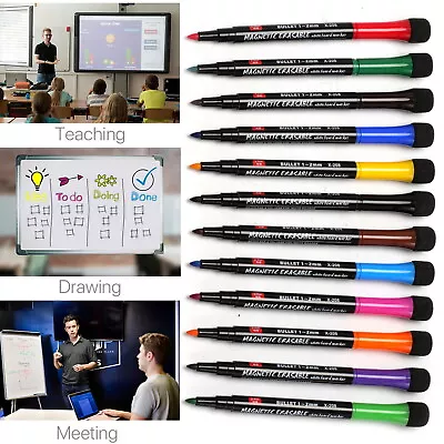 12 Colors Magnetic Dry Erase Marker Pen Fine Tip Assorted For Whiteboard Fridge • £9.59