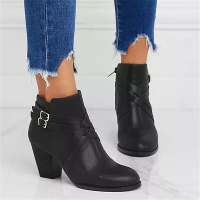 Women's Fashion Round Toe Thick Heel Side Zip Ankle Boots • $71.49