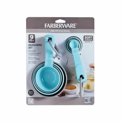 Farberware Professional 9 Pc Measuring Cups And Spoons Set Soft Handle Aqua Gray • $13.79