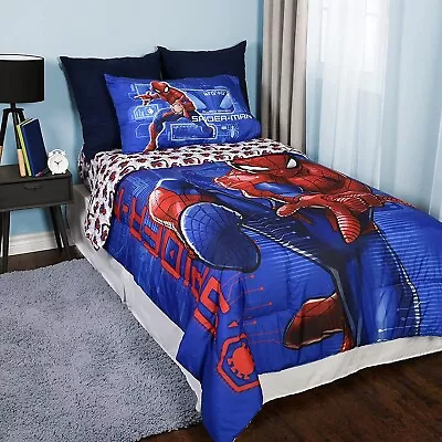 Spiderman Kids Bedding Sheet Set With Reversible Comforter Twin Bed In Bag 4 Pcs • $75.59