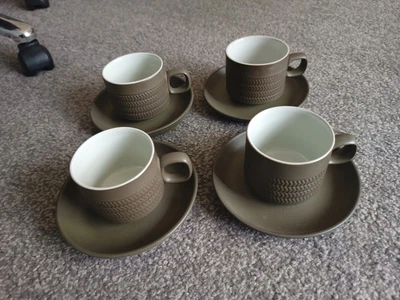 4 X Denby Chevron Green Tea Cup & Saucers • £15