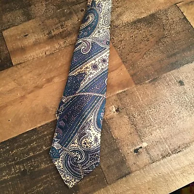 VTG Paisley Necktie Blue Cream 100% Polyester Made In USA American Edition • $11.69