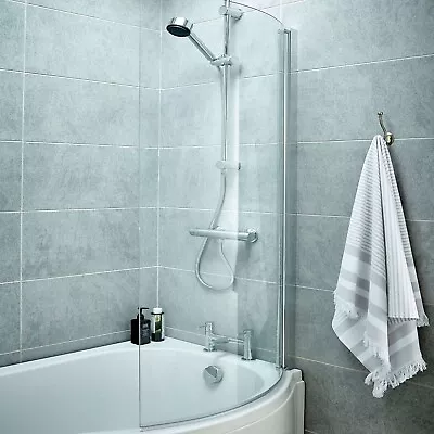 Bathroom P-Shaped Curved Hinged Bath Glass Shower Screen 6mm Modern Chrome • £99.95