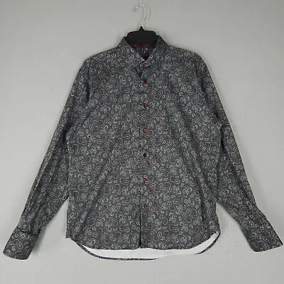 Visconti Black Shirt Mens Large Gray Paisley Flip Cuff Button Up Long Sleeve • $23.88