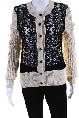 A Reve Womens Crochet Floral Lace Loose Knit Cardigan Ivory Black Size Large • $42.71