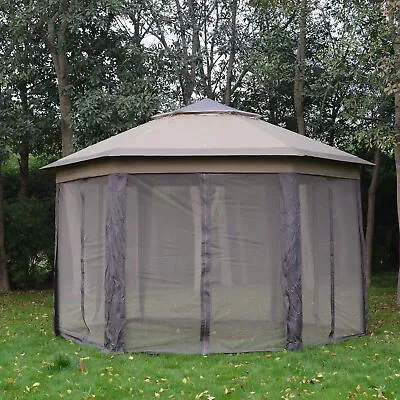  4.05m X 4.05m Metal Frame Mesh Draped 2-Tier Roof Gazebo Brown • £183.15