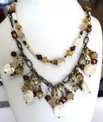 2-strand Tres Jolie Sterling Silver Chocolate Pearl Mop Crystal Bead Necklace • $28.95