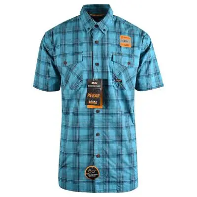 Ariat Men's Shirt Aqua Blue Bachelor Button Plaid Rebar Short Sleeve Woven (491) • $26.25