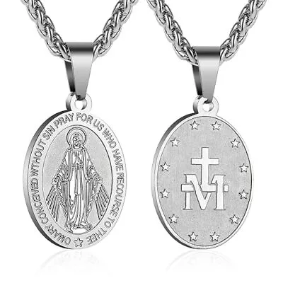 Medalla Milagrosa De La Virgen Collar Cadena Con Dije Plateado Proteccion Regalo • $13.47