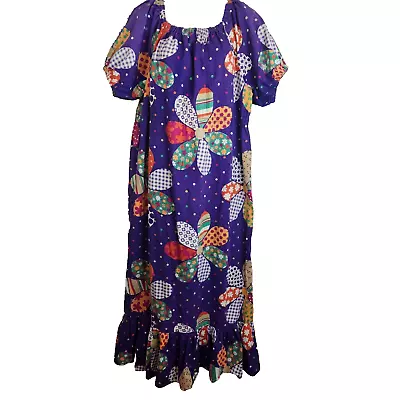 Vintage 70s Caftan Kaftan L Purple Groovy Clown Core MuuMuu Patchwork Flowers • $97.46