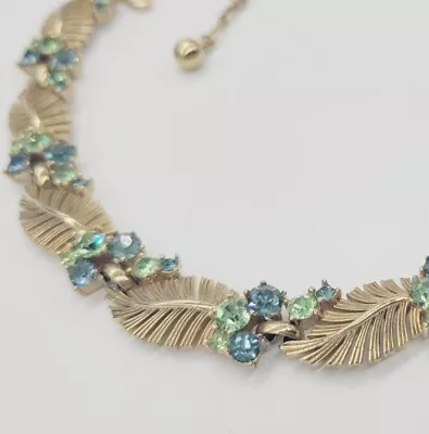 Vintage Trifari Flower Leaf Gold Tone Crystal Necklace Baby Blue Green RARE 17  • $251.99