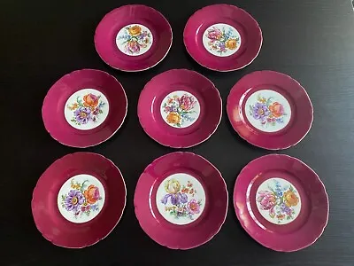 Set Of 8 Victoria Czechoslovakia 7.5  Dessert Plates Burgundy Band Floral Center • $48