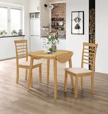 Small Solid Wooden Drop Leaf Round Dining Table And 2 Chairs Set In Oak Finish • £229.99