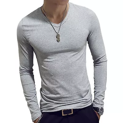 New Mens Long Sleeve V-Neck T-shirt Stretch Casual Solid Slim Fit Tops Gray • $4.99