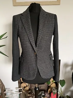 ZARA Checked WOOL Tweed Hacking Jacket Blazer Elbow Patches Size M - Houndstooth • £39.99