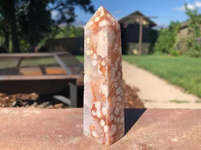 114g Flower Agate Crystal Obelisk Tower Pyramid Point USA A13 • $18