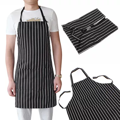 Adult Black Stripe Bib Apron With 2 Pockets Chef Waiter Kitchen Cook  • $8.08