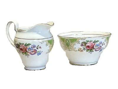 Vintage SALISBURY Green Floral Fine Bone China Sugar Bowl & Creamer Set • $16.98