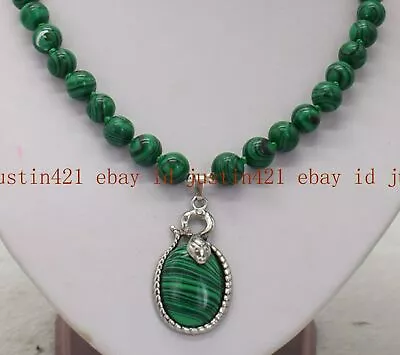 Natural 10mm Green Malachite Round Gemstone Beads Pendant Necklace 20  AAA • $7.99