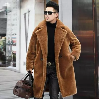 Mens Winter Parka Faux Fur Furry Pocket Overcoat One Button Thicken Oversize New • $107.40