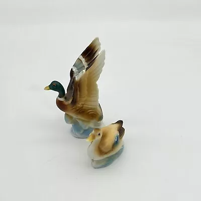 Vtg Miniature Porcelain Mallard Duck And Duckling Figurines Wings Up Set Of 2 • $12.99