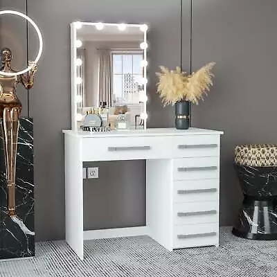 Modern Vanity Dressing Table W/ Mirror Light Bulbs 6 Drawers White • $338.99