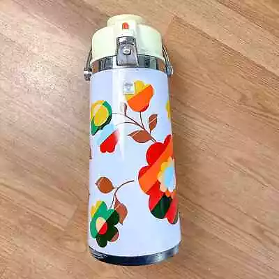 Rainbow Floral 70s Vintage Retro Coffee Carafe Airpot Insulated Pump Dispenser  • $40