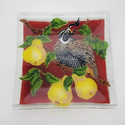 Fused Glass Square Quail In Pear Tree Plate Tray 10  Signed • $30.01