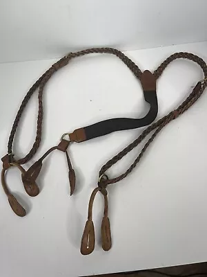 Vintage Eddie Bauer Brown Leather Woven Button-On Suspenders Made In USA • $22.95