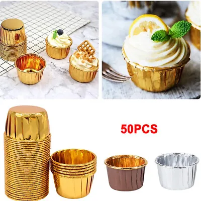 50PCS Aluminum Foil Cup Cake Cases Muffin Cupcake Wrappers Paper Wedding Party • £7.99