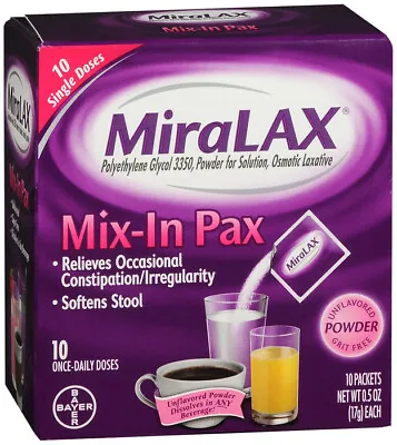 MIRALAX SINGLE DOSE PACKET POWDER 10CT   Polyethylene Glycol 3350 ORAL POWD PACK • $21.44