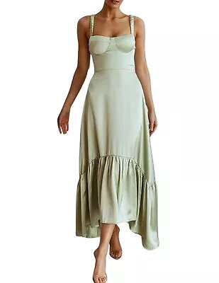 Emily Satin Formal Maxi Dress Pistachio Green • $69