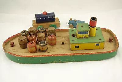 Antique Vintage Wood Tug Boat Steam Ship Toy With Barrels 16  X 6  • $75