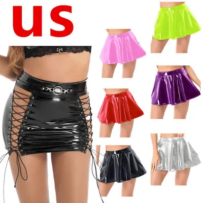 US Womens Skirt Wet Look Bodycon Pencil Lace-up Skirts High Waist Elastic Latex • $5.51